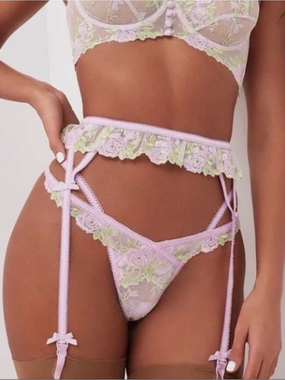 For Love & Lemons Berry Floral Garter Belt Lavender Size XXS